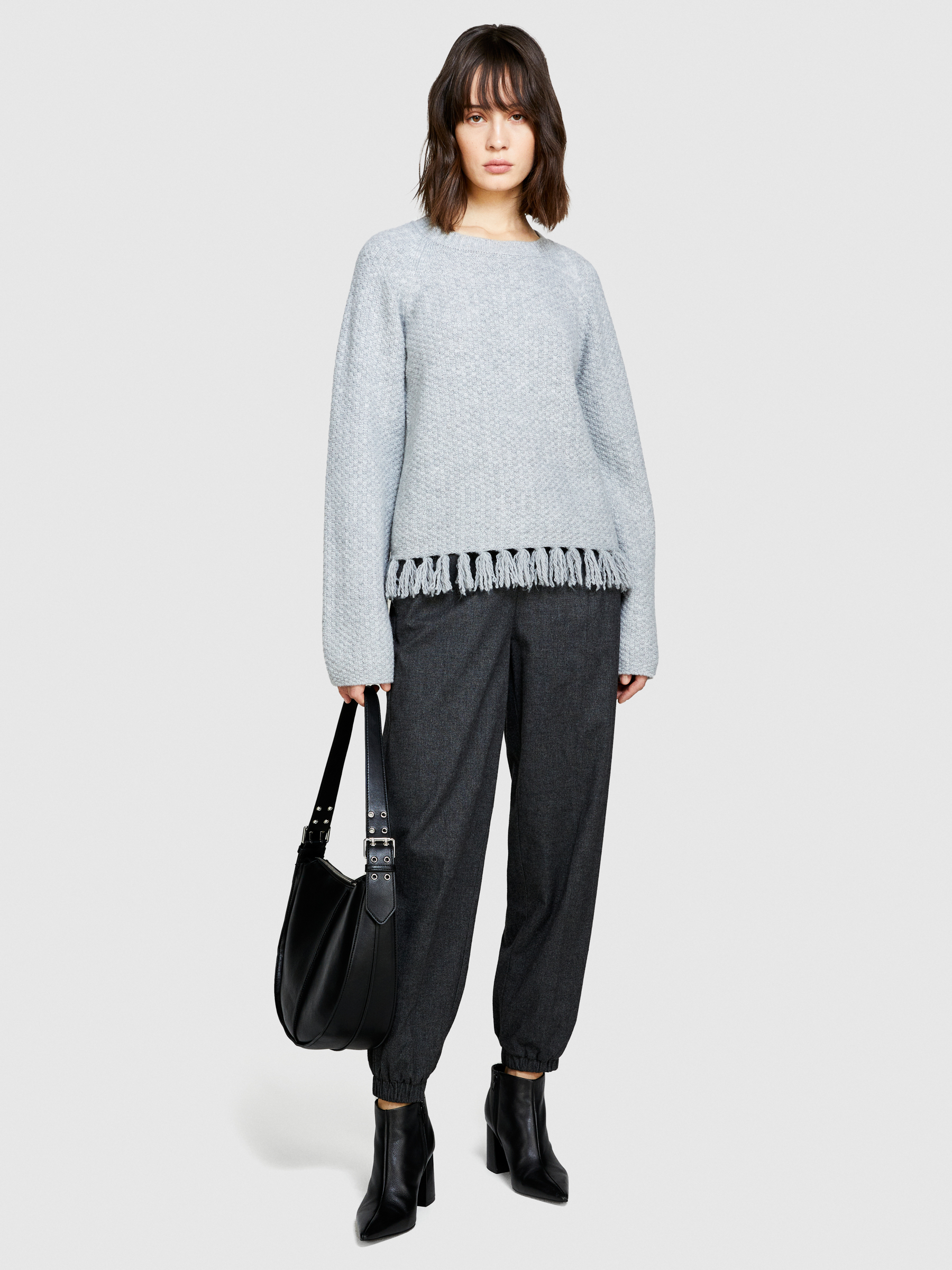 Sisley - Sweater With Fringe, Woman, Light Gray, Size: XS