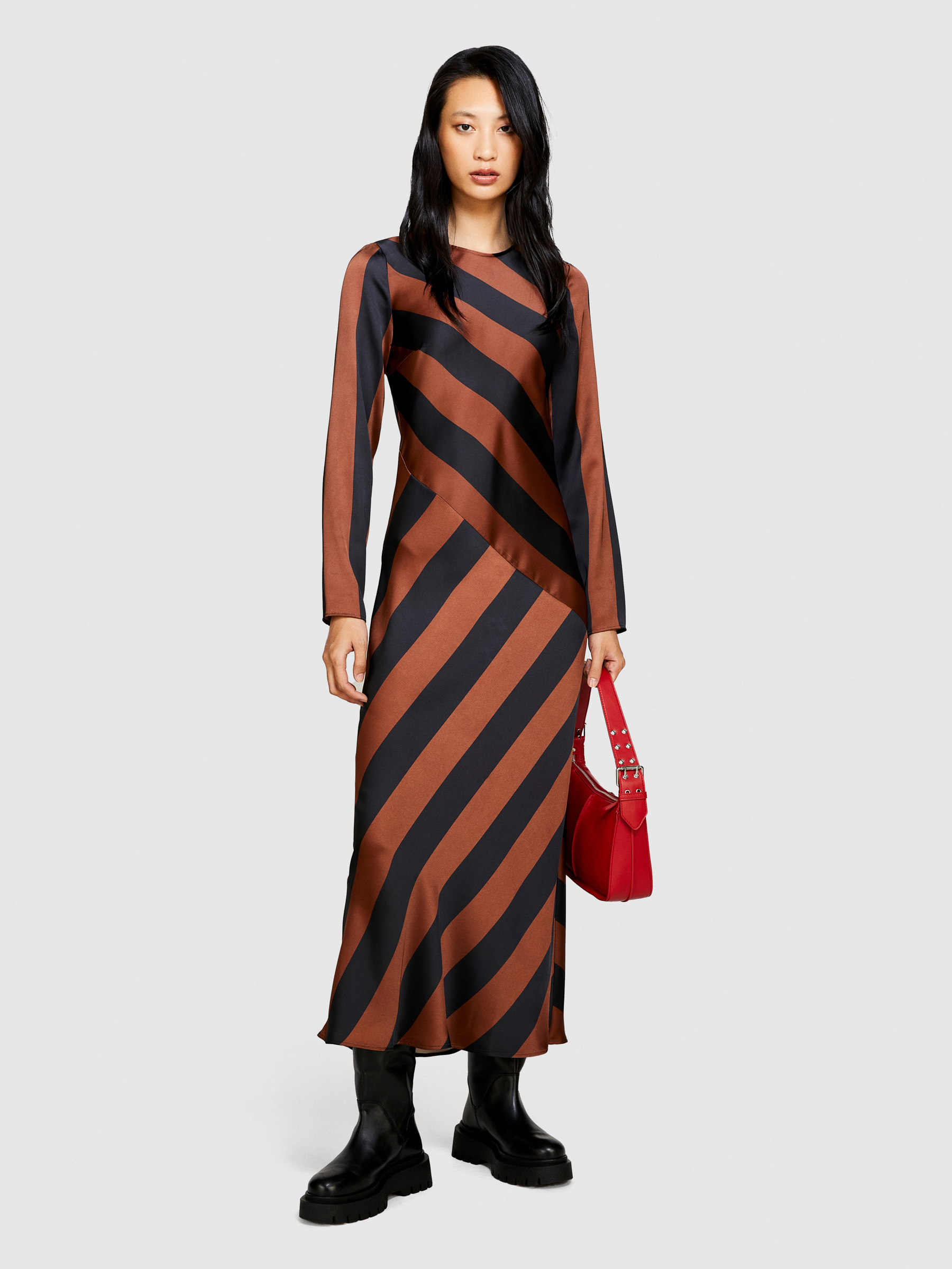Sisley - Satin Printed Dress, Woman, Brown, Size: 44