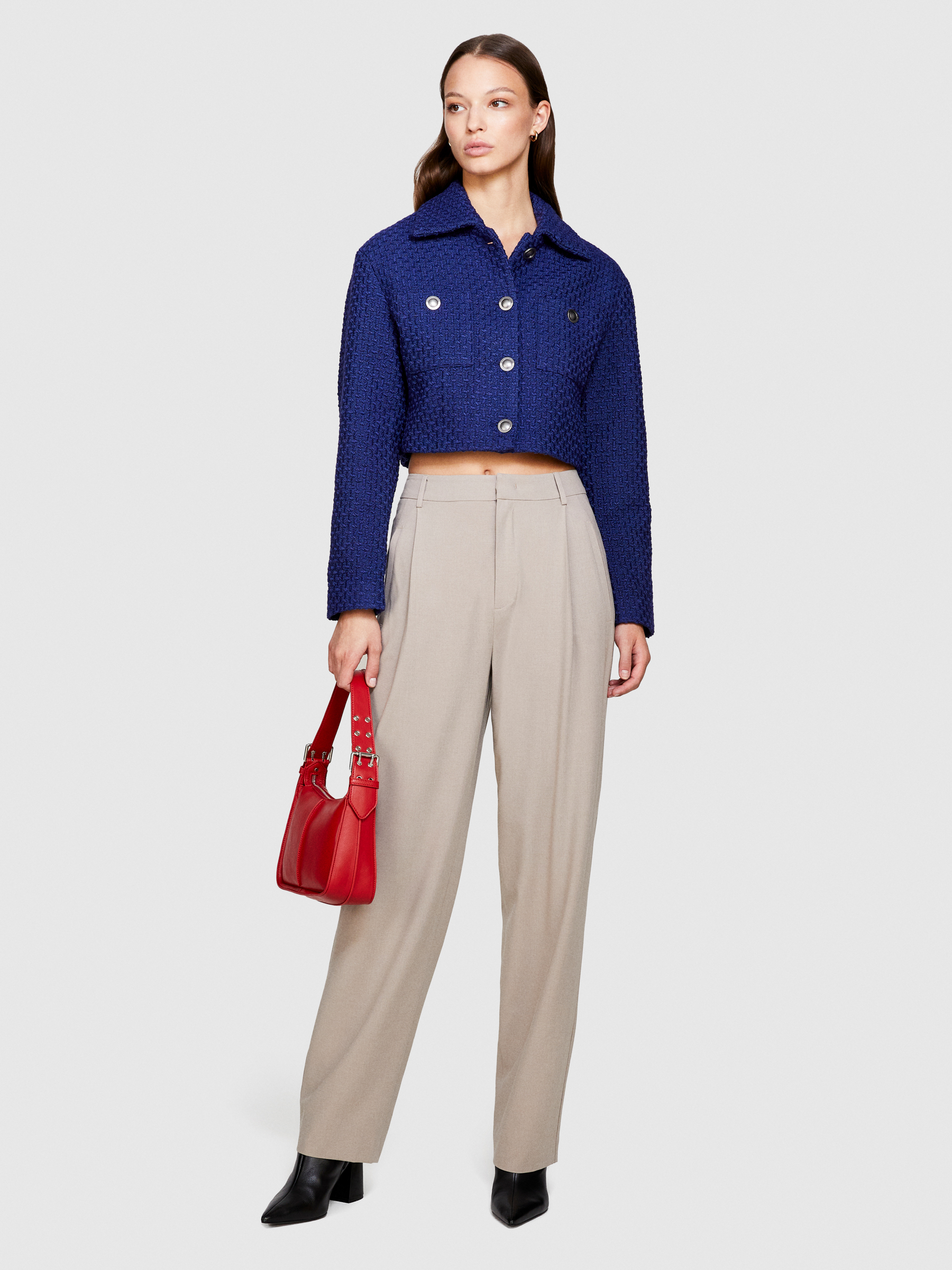 Sisley - Cropped Boucle Jacket, Woman, Dark Blue, Size: 48
