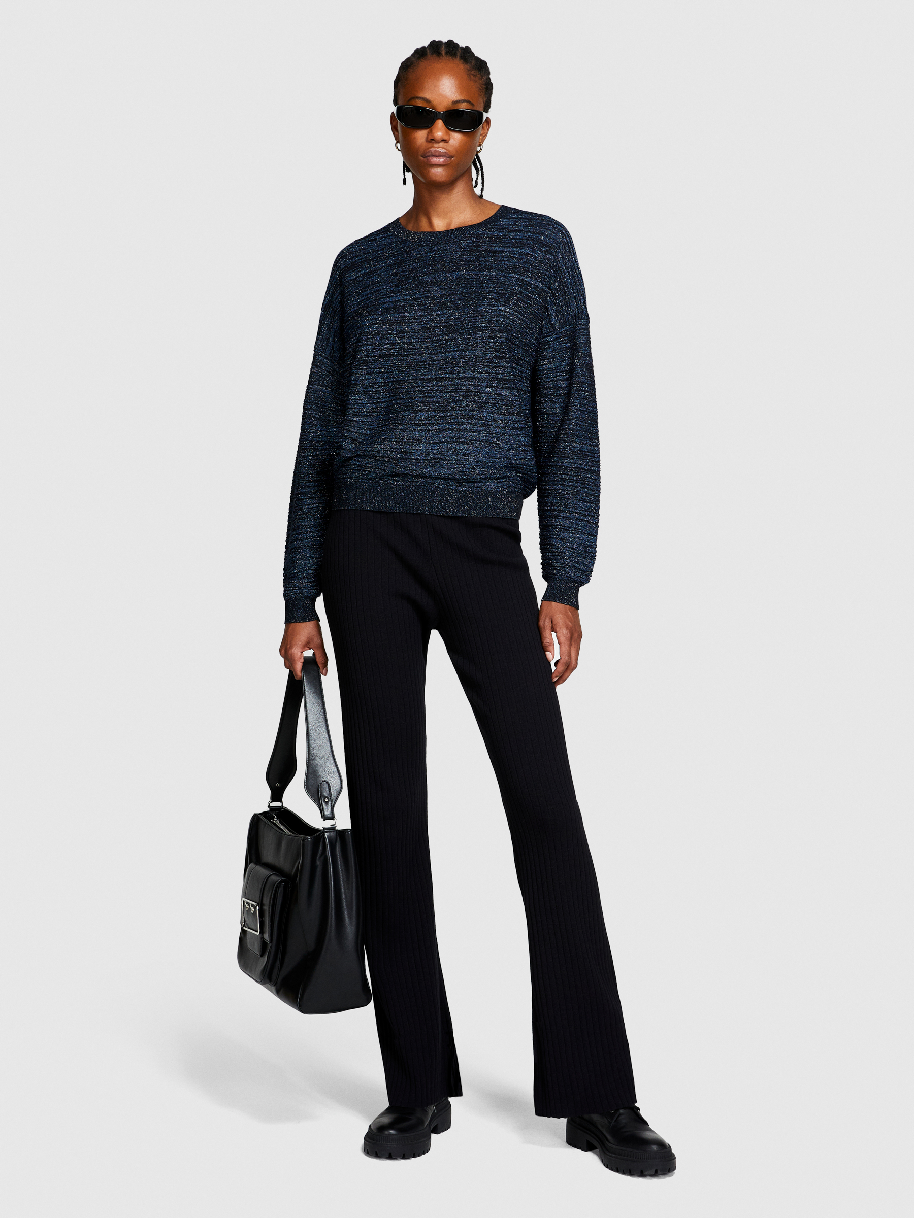 Sisley - Boxy Fit Sweater With Lurex, Woman, Black, Size: XS