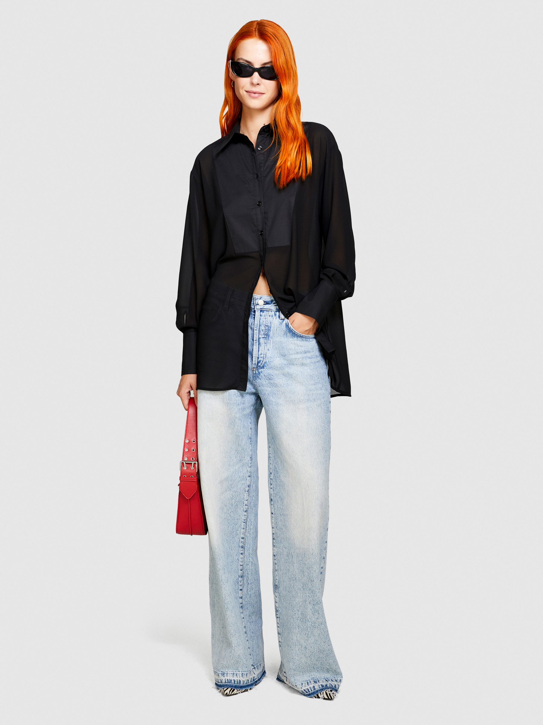 Sisley - Long Chiffon Shirt, Woman, Black, Size: M