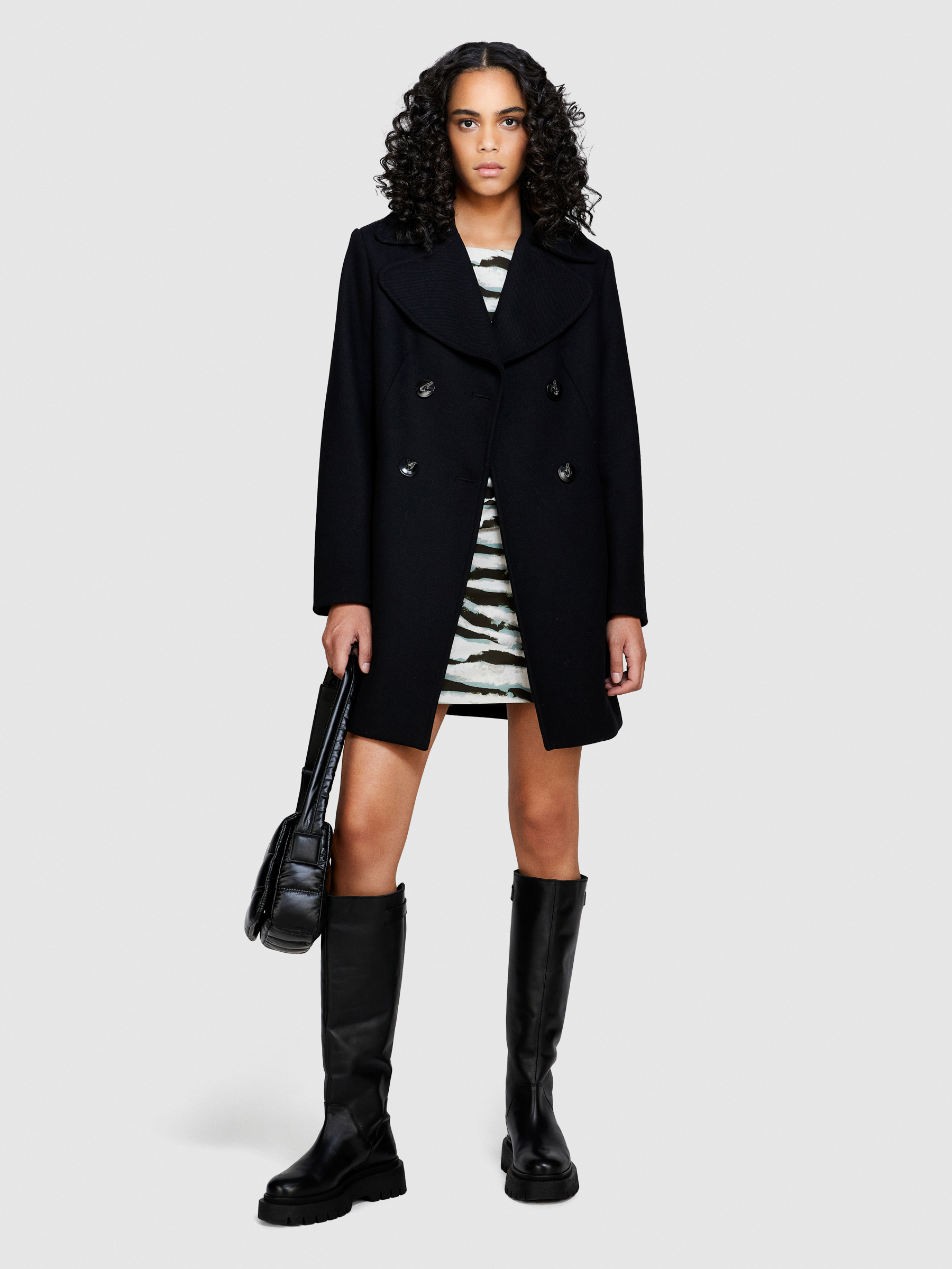 Sisley - Short Double-breasted Coat, Woman, Black, Size: 48