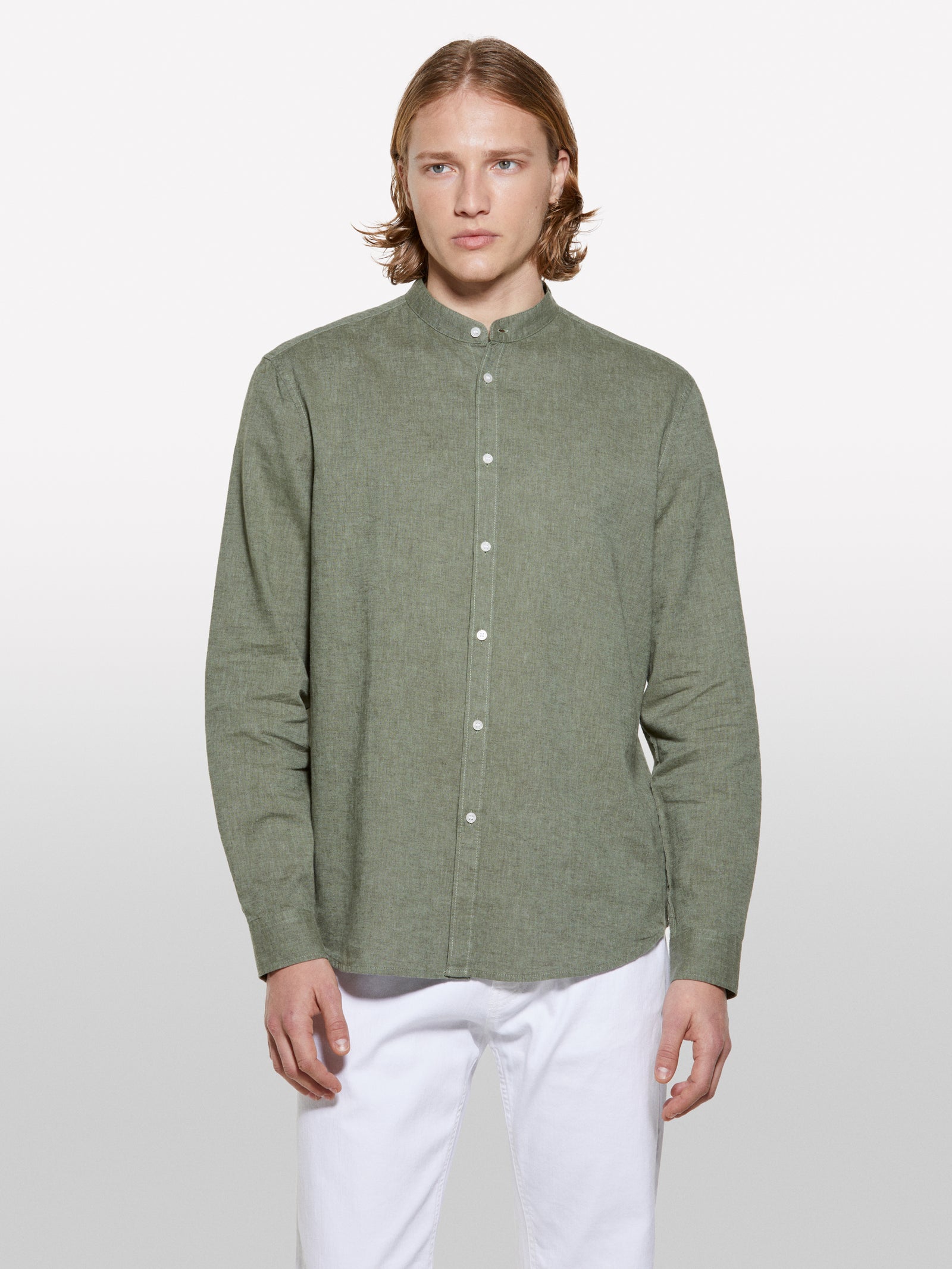 Green Mandarin collar shirt