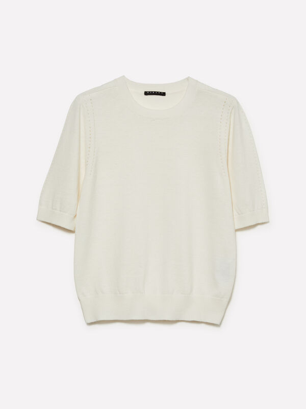 Camisola branco nata com manga curta  - camisolas gola redonda para mulher | Sisley