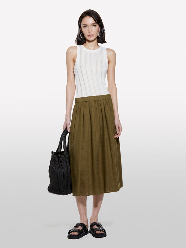 Saia midi verde militar em 100% linho - saias midi, longuette mulher | Sisley