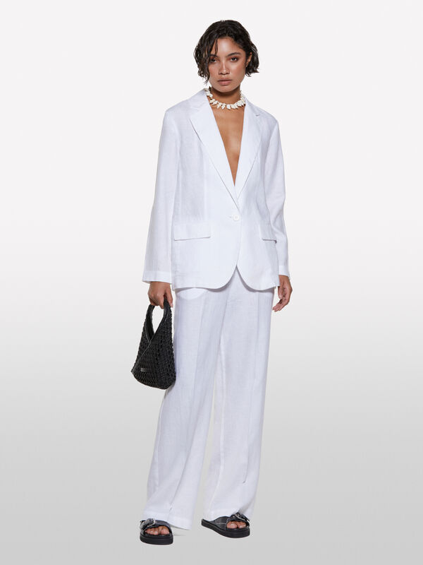 Calças brancas flare fit em 100% linho - calças palazzo para mulher | Sisley