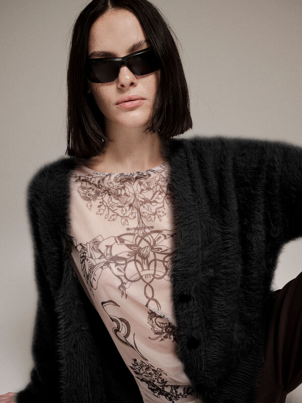 T-shirt bege em tule com estampa - tops para mulher | Sisley