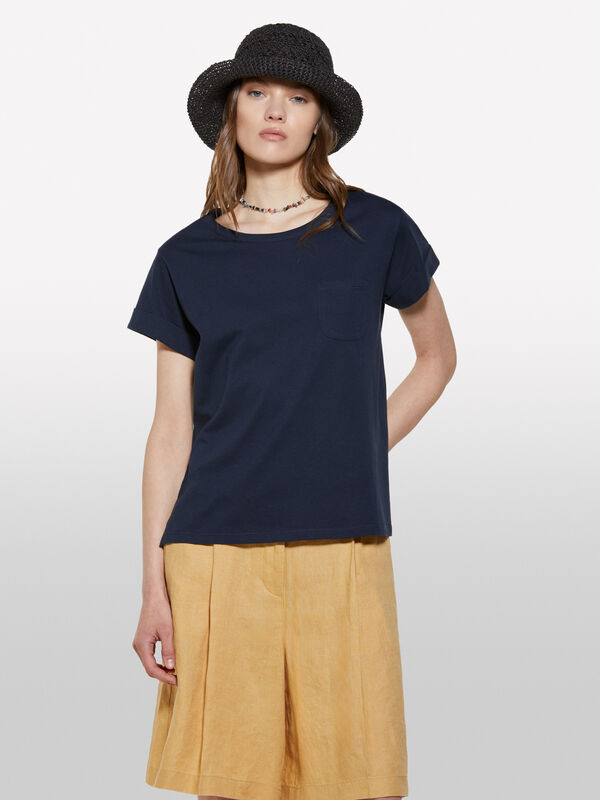 T-shirt azul-escuro com bolso pequeno - t-shirt de manga curta para mulher | Sisley