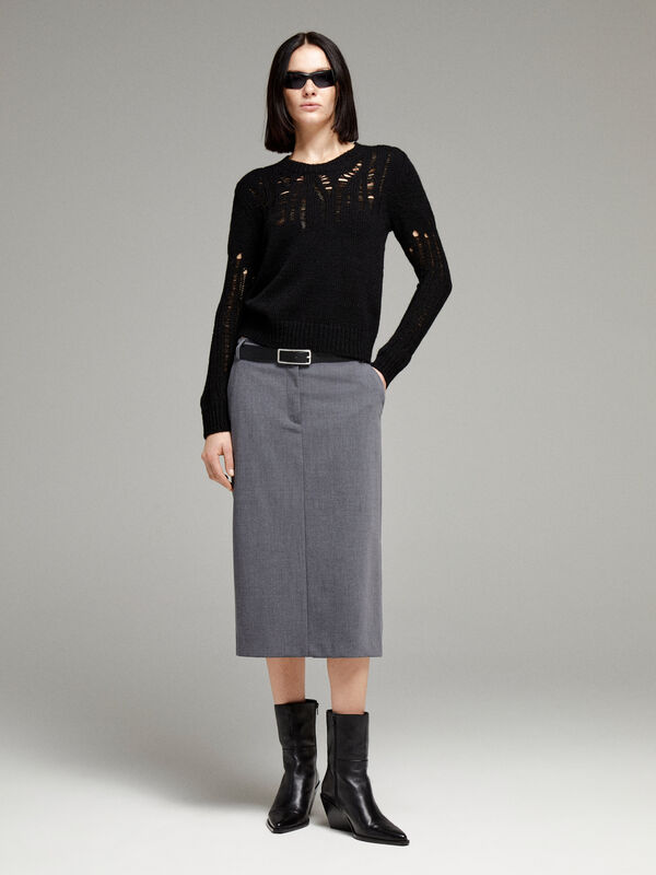 Camisola preta com tranças - camisolas gola redonda para mulher | Sisley