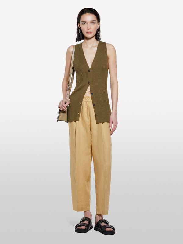 Calças mostarda relaxed fit em 100% linho	 - calças regular para mulher | Sisley