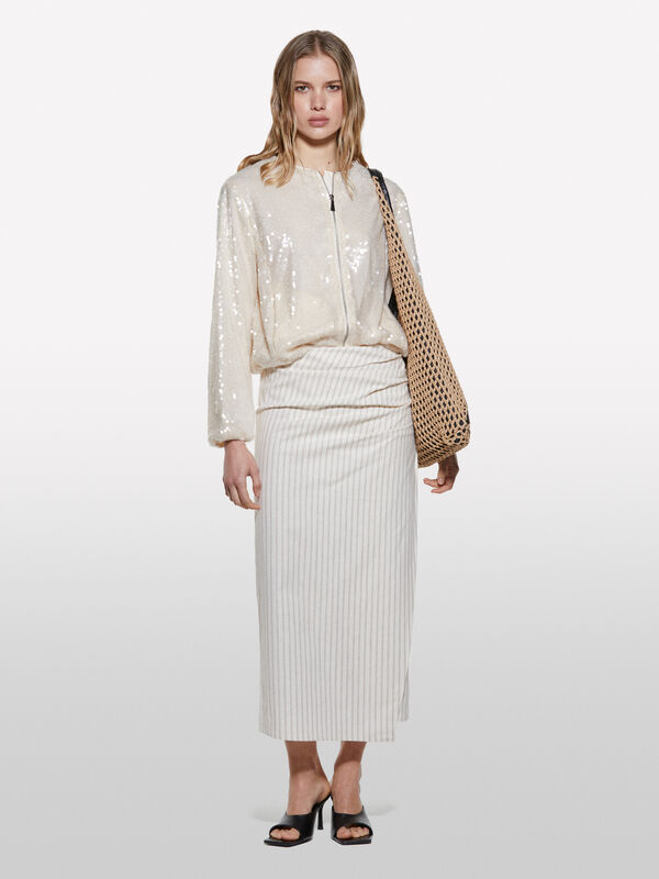 Saia bege às riscas - saias midi, longuette mulher | Sisley