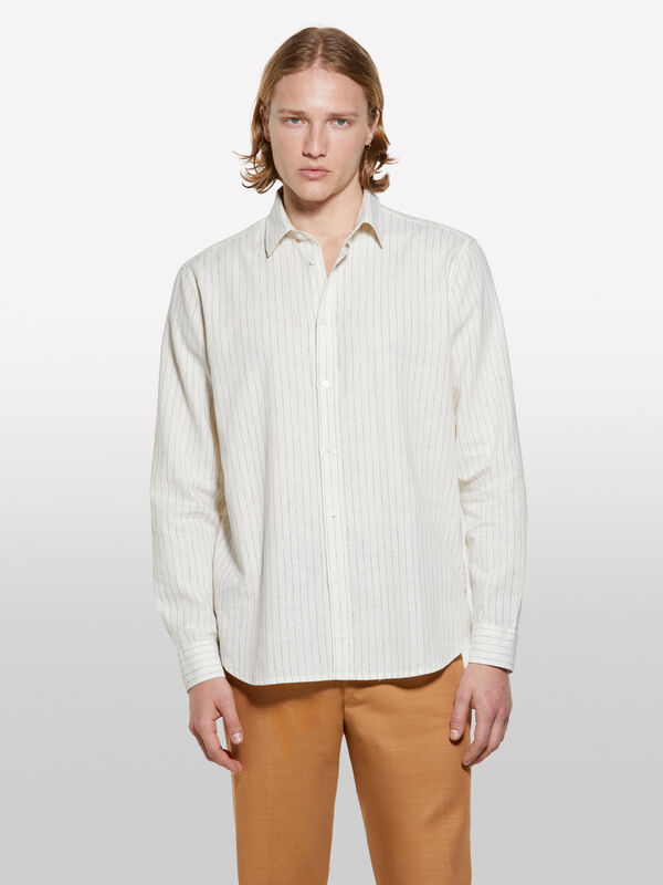 Camisa em mistura de linho bege às riscas - camisas regular para homem | Sisley