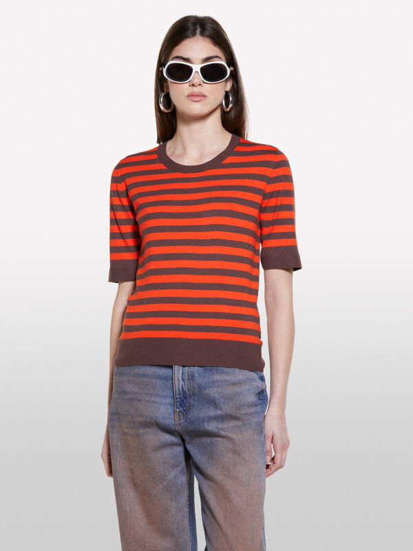 Camisola às riscas laranxa e marrom - camisolas gola redonda para mulher | Sisley