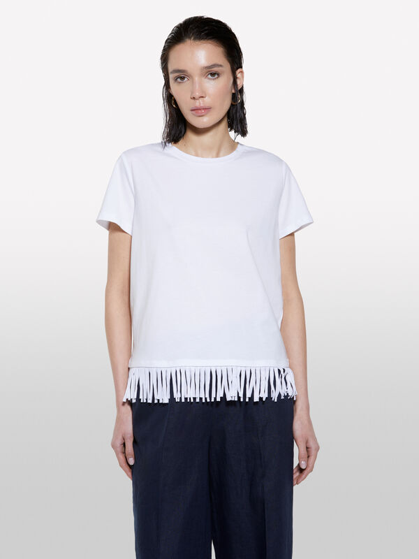 T-shirt branca com franjas na base - t-shirt de manga curta para mulher | Sisley