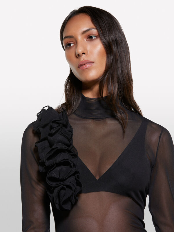 T-shirt em tule preto com flores - t-shirt de manga comprida para mulher | Sisley
