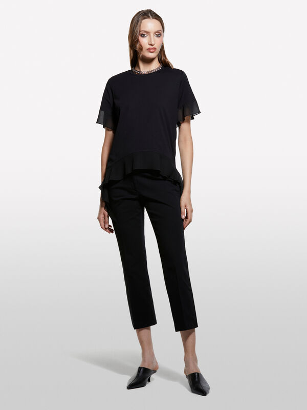 T-shirt preta com folhos T-shirt preta com folhos - t-shirt de manga curta para mulher | Sisley