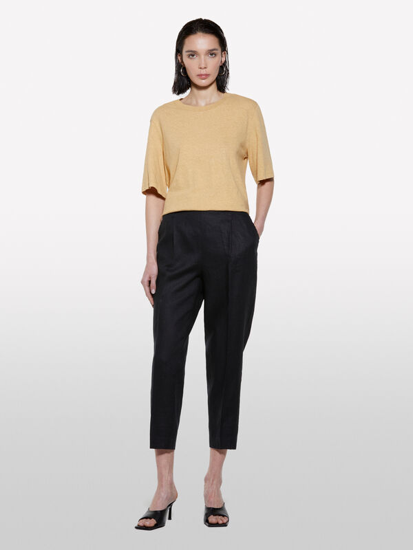 Joggers pretas em 100% linho - calças joggers para mulher | Sisley