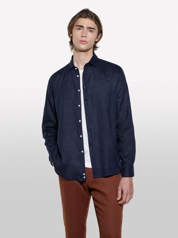 Calças azul-escuro em 100% linho - camisas regular para homem | Sisley