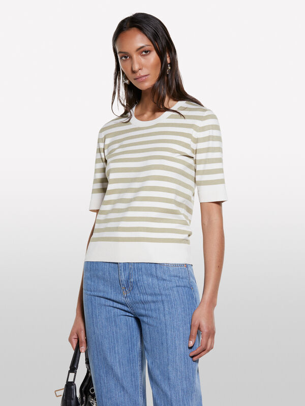 Camisola às riscas bege e branco nata - camisolas gola redonda para mulher | Sisley