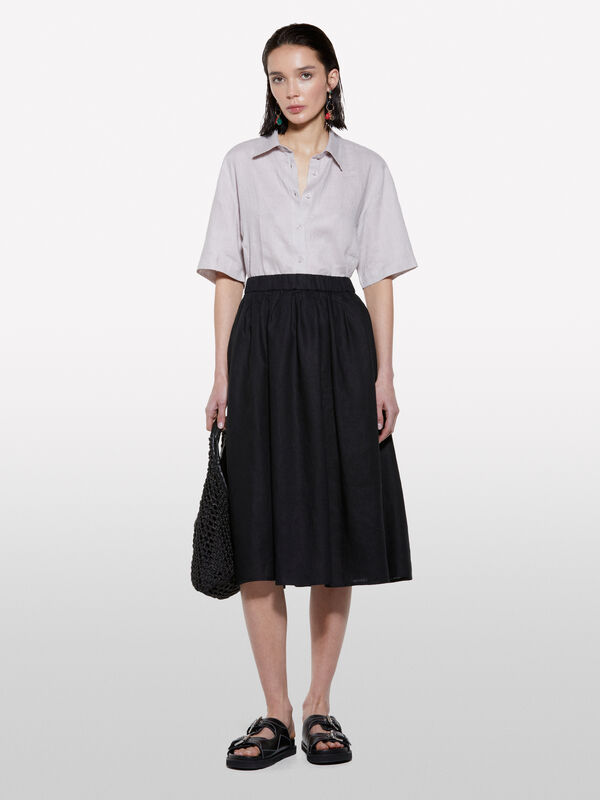 Saia midi preta em 100% linho - saias midi, longuette mulher | Sisley