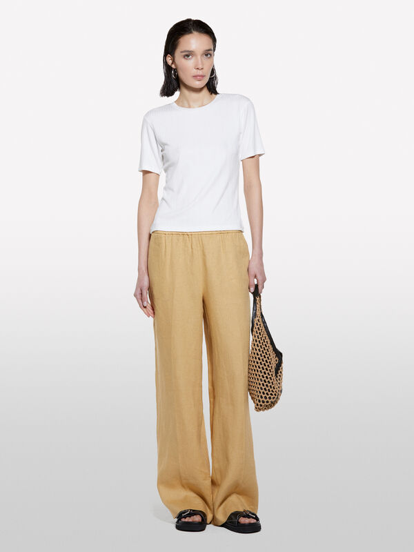 Calças mostarda flare fit em 100% linho - calças palazzo para mulher | Sisley