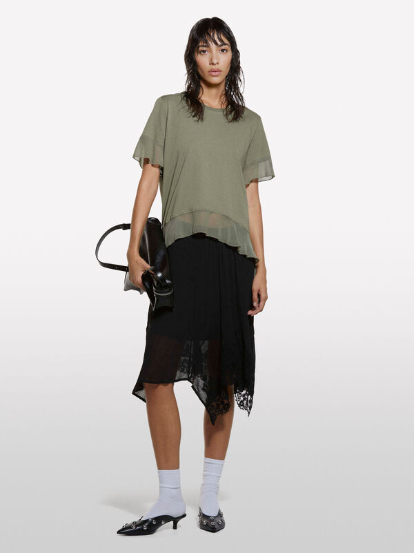T-shirt verde militar com folhos T-shirt verde militar com folhos - t-shirt de manga curta para mulher | Sisley