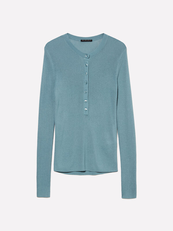 Camisola carcela de botões azul empoeirado - camisolas gola redonda para mulher | Sisley