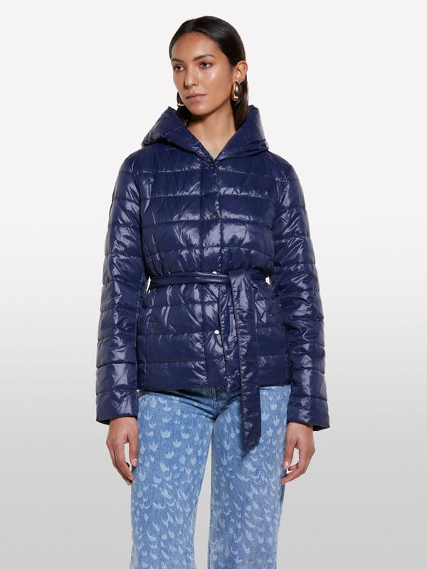 Casaco acolchoado azul com laço - casacos de penas e casacos acolchoados para mulher | Sisley