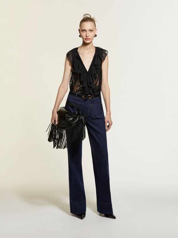 Top preto em renda com jabot - tops para mulher | Sisley