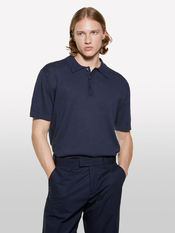 Polo azul regular fit em mistura de linho - polos para homem | Sisley