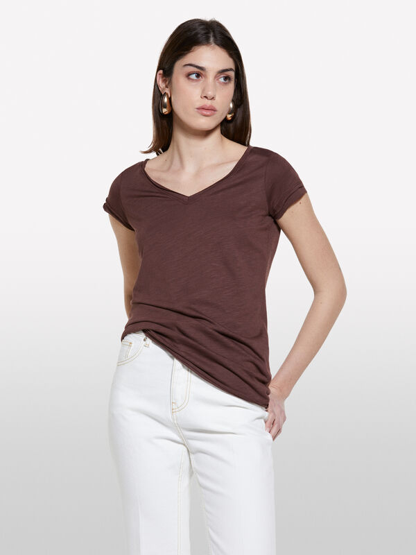 T-shirt decote em V marrom - t-shirt de manga curta para mulher | Sisley