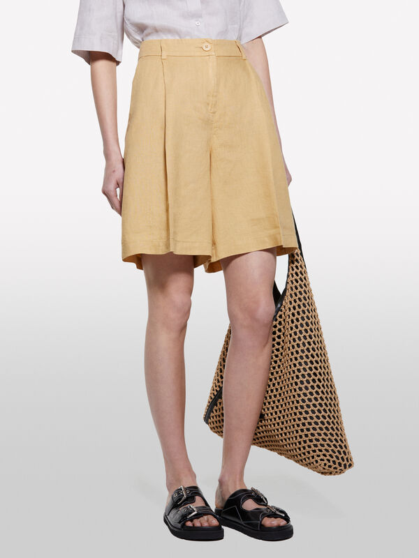 Bermudas mostarda em 100% linho - calças calções para mulher | Sisley