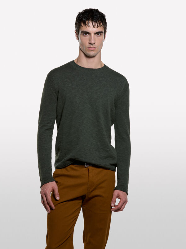 Camisola verde militar de gola redonda regular fit - camisolas gola redonda para homem | Sisley