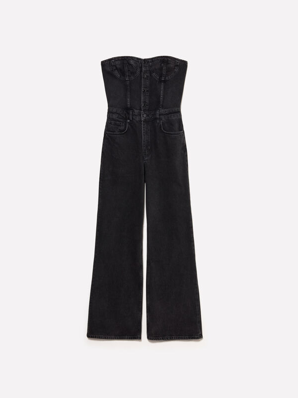 Macac&atilde;o bustier de jeans preto - macac&otilde;es jumpsuits para mulher | Sisley