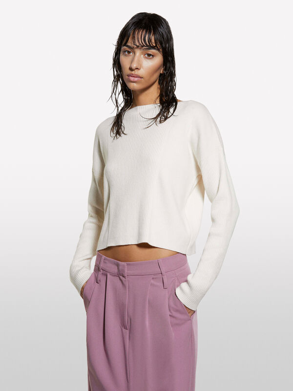 Camisola branco nata com decote à barco - camisolas decote à barco para mulher | Sisley