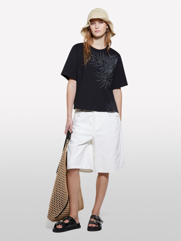 T-shirt preta com estampa de plantas marinhas - t-shirt de manga curta para mulher | Sisley