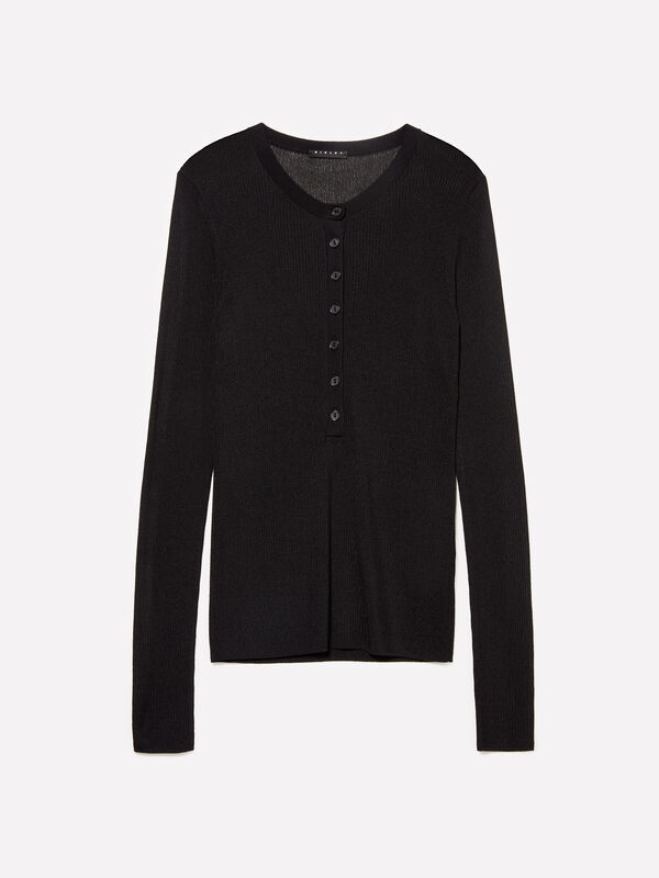 Camisola carcela de botões preta - camisolas gola redonda para mulher | Sisley