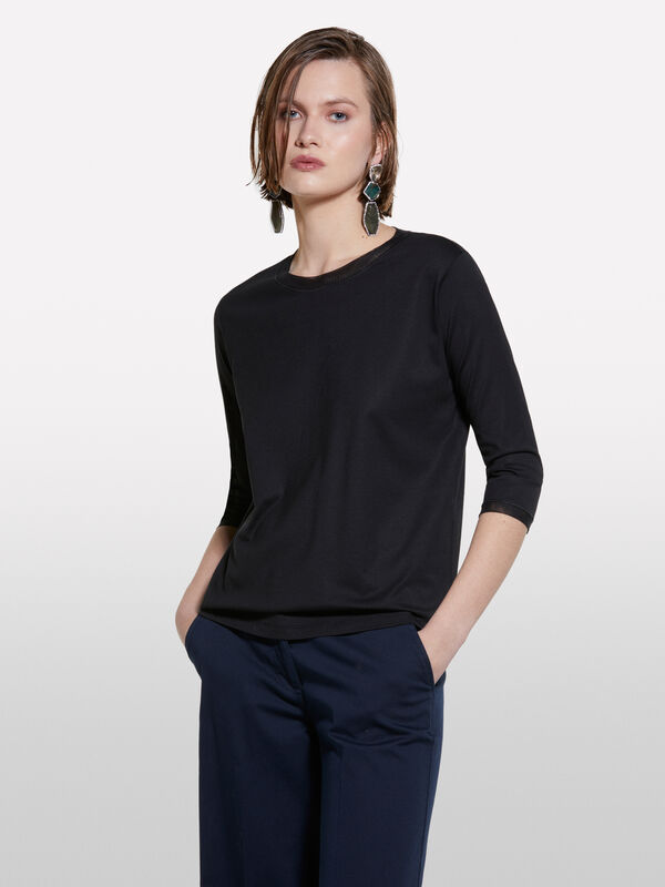 T-shirt preta com insertos em tule - t-shirt de manga comprida para mulher | Sisley