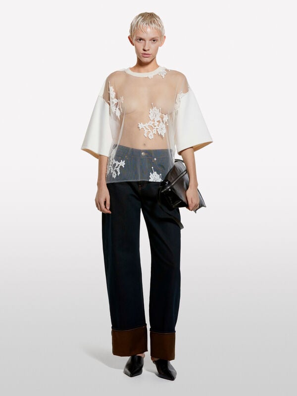 T-shirt branco nata em renda  T-shirt branco nata em renda  - t-shirt de manga curta para mulher | Sisley