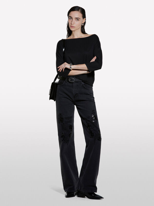 T-shirt preta com decote à barco - t-shirt de manga comprida para mulher | Sisley