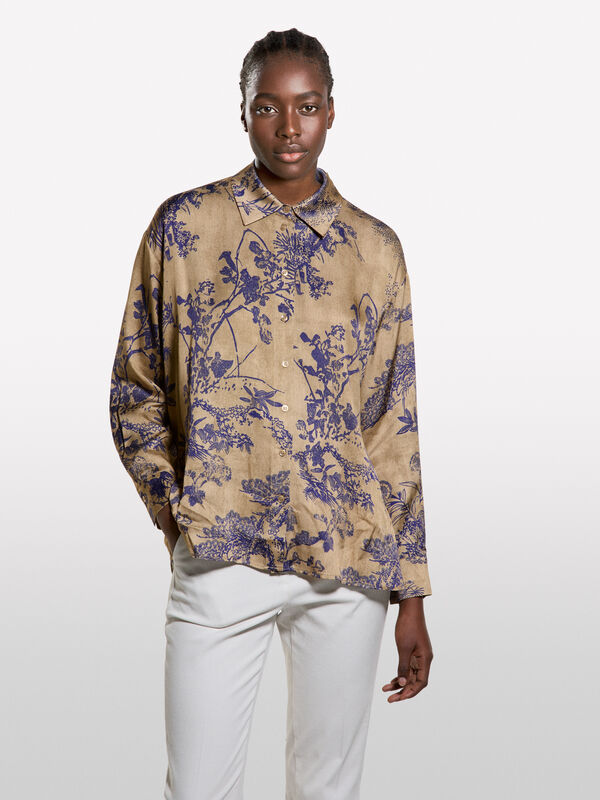 Camisa bege em cetim com estampa padrão - camisas para mulher | Sisley