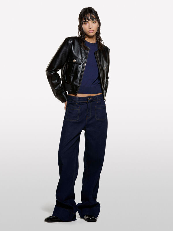 Camisola azul navy com manga curta - camisolas gola redonda para mulher | Sisley