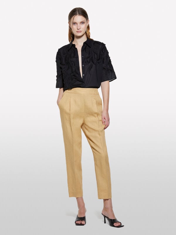Joggers mostarda em 100% linho - calças joggers para mulher | Sisley
