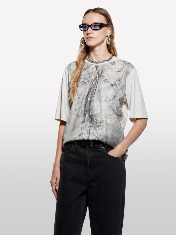 T-shirt tortora com estampa efeito denim T-shirt tortora com estampa efeito denim - t-shirt de manga curta para mulher | Sisley