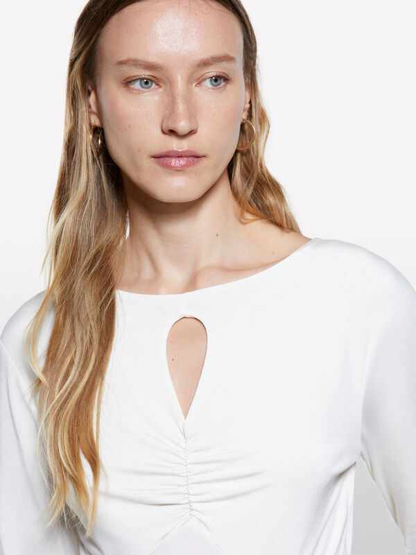 T-shirt branco nata com franzido  - t-shirt de manga comprida para mulher | Sisley