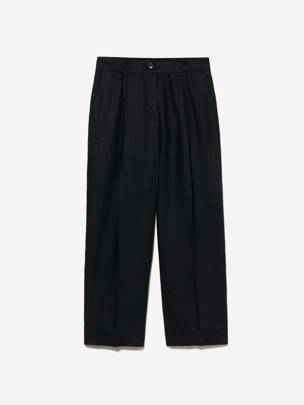 Calças pretas relaxed fit em 100% linho	 Calças pretas relaxed fit em 100% linho	 - calças regular para mulher | Sisley