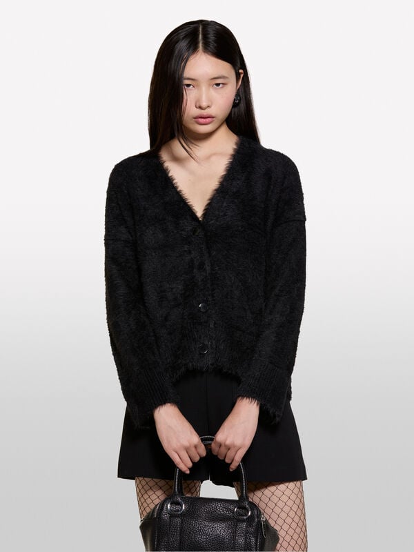 Cardigã preto efeito pelo - cardigãs para mulher | Sisley