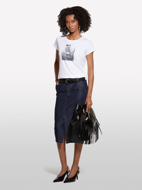 T-shirt branca com estampa mulher - t-shirt de manga curta para mulher | Sisley