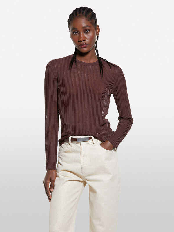 Camisola marrom semitransparente - camisolas gola redonda para mulher | Sisley