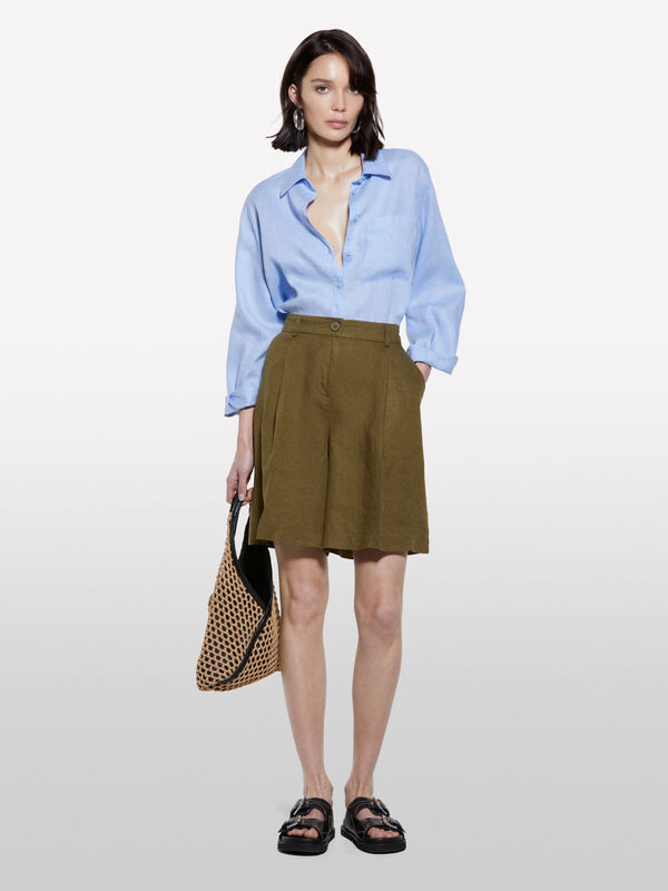 Bermudas verde militar em 100% linho - calças calções para mulher | Sisley